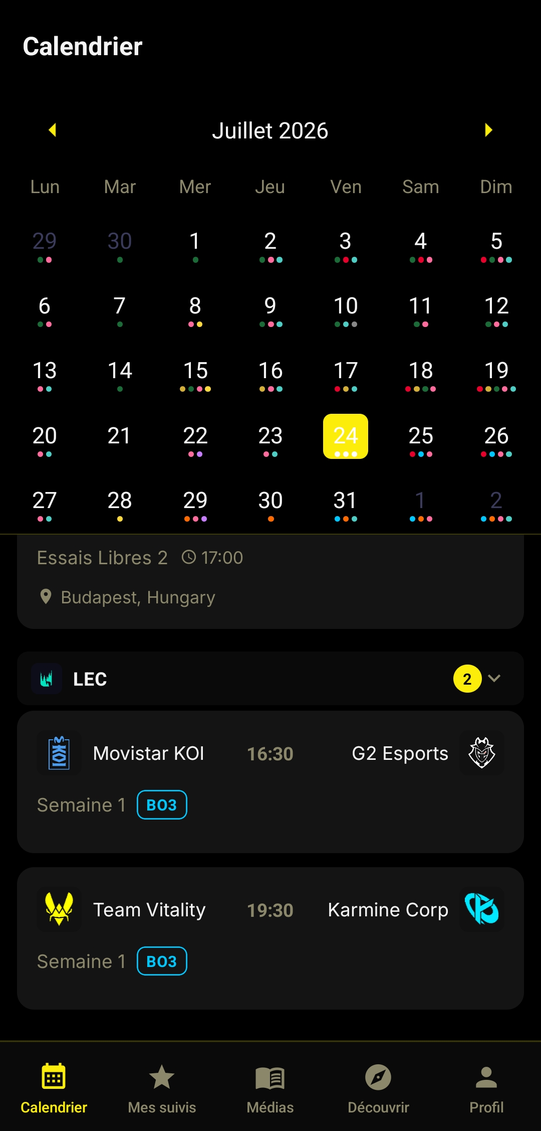 Calendar screen
